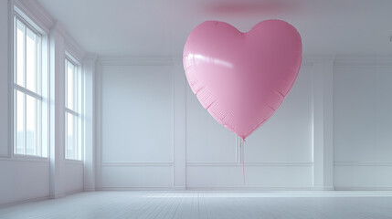 Valentine's Day. Pink heart balloon floating in empty room.