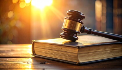 Wooden Gavel and Book on a Wooden Table with Sunlit Background
