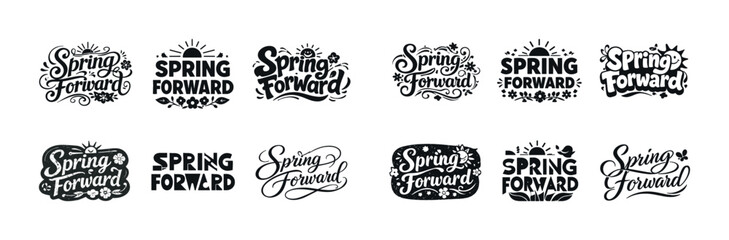 Spring forward typography collection with seasonal floral and sun motifs