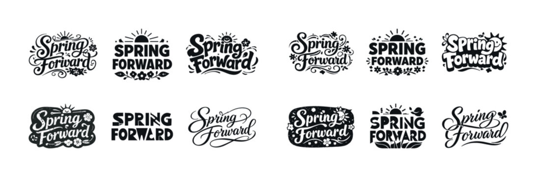 Spring forward typography collection with seasonal floral and sun motifs