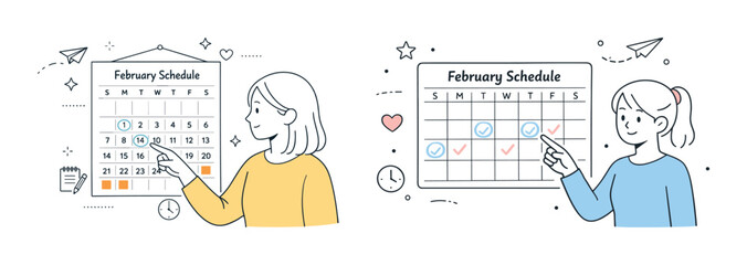 Young female illustrations planning february schedules with calendars