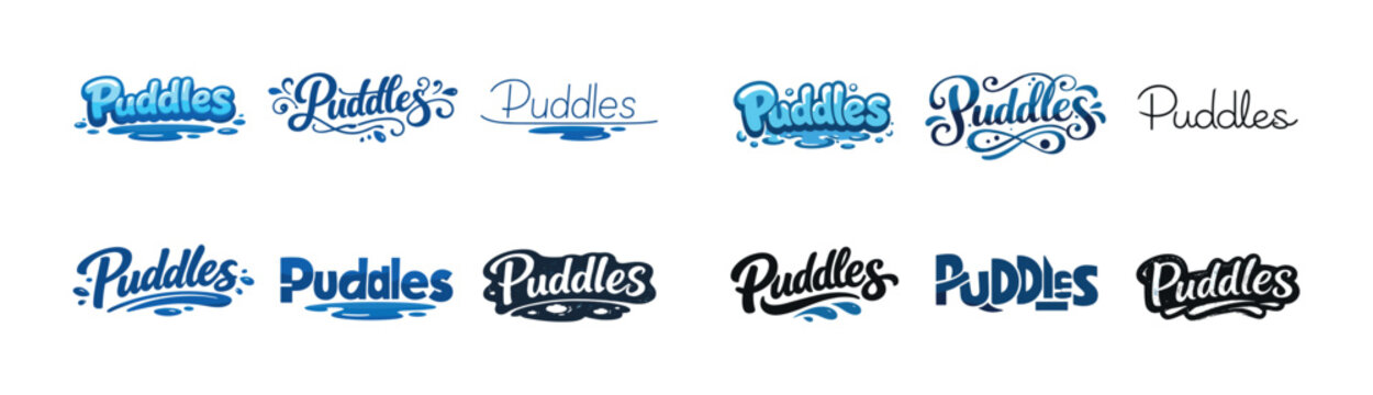 Various puddles logos in blue and black with stylized typography