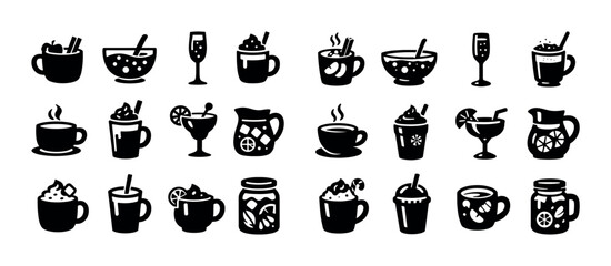 Collection of various beverage icons and glasses in silhouette
