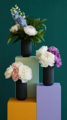 Elegant floral arrangement of white and pink peonies and blue delphinium in black ribbed vases on colorful geometric pedestals