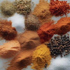 Assorted colorful spices and herbs powders including paprika turmeric peppercorns and sea salt scattered on white background perfect for culinary arts healthy organic cooking and food ingredients conc