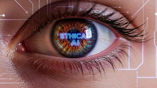 Close up of human eye with futuristic circuit board pattern and ethical ai text in the iris, symbolizing technology and innovation - Powered by Adobe