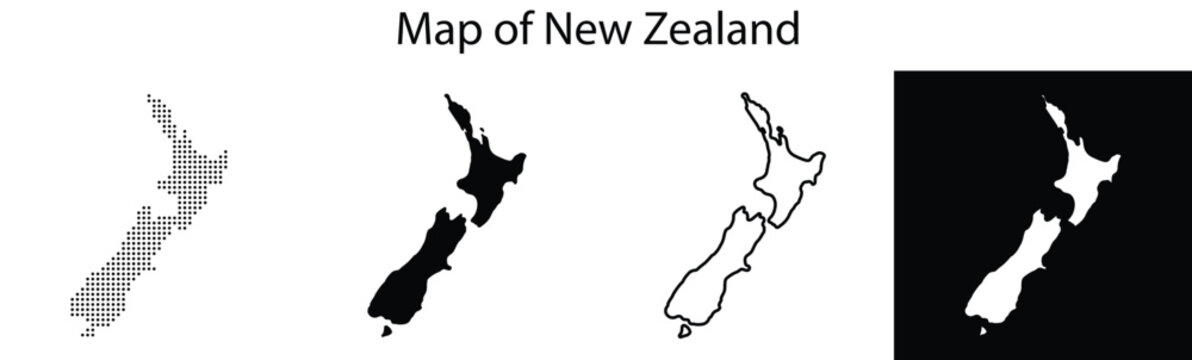 Outline map of New Zealand in various styles