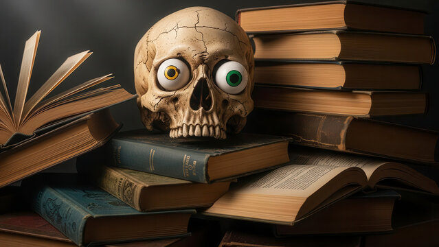 Whimsical skull with googly eyes on stack of old books