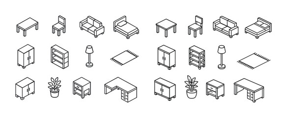 Isometric furniture set: tables, chairs, sofas, beds, cabinets, lamps, rugs, plants, desks
