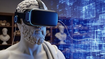 A marble bust of a man wearing virtual reality goggles with a blue digital background and futuristic interface screens with VR and technology