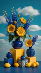 Vibrant still life arrangement of yellow sunflowers and blue delphiniums in dark blue vases against a bright blue sky with white clouds