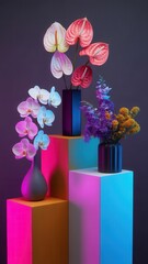 Vibrant arrangement of exotic flowers including pink orchids, red anthuriums, and purple and yellow blossoms on colorful neon pedestals against a dark background