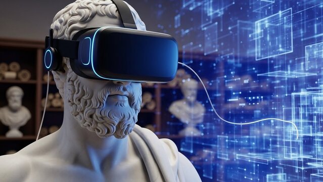 A marble bust of a man wearing virtual reality goggles with a blue digital background and futuristic interface screens with VR and technology - Powered by Adobe