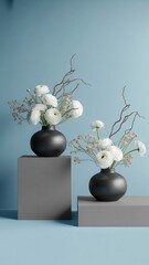 Elegant still life arrangement of white ranunculus flowers in dark vases on gray pedestals against a soft blue background
