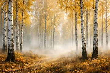 A serene autumn forest landscape features numerous tall white birch trees adorned with bright golden yellow leaves, with an ethereal mist gently hovering over the ground and a winding path covered