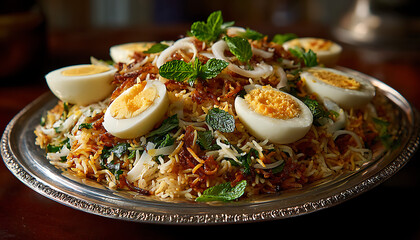 A lavish platter of biryani crowned with eggs, mint, and crispy onions radiates festive south Asian flavor 