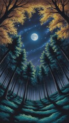 Enchanting night forest scene with full moon and starry sky viewed from below tall trees