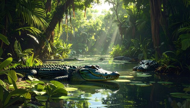 Lush, serene scene featuring alligators amidst dense foliage and sunlit water within a verdant forest environment