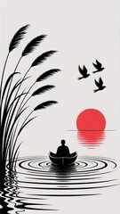 Minimalist zen silhouette of a person meditating in a boat on water with reeds and a red sun