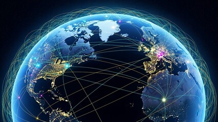 Global connectivity and communication concept with illuminated lines and networks across the earth from space at night showing international relations