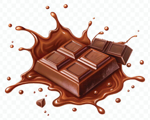 realistic 3d dark chocolate bar with chocolate cream splash in different style isolated on transparent background