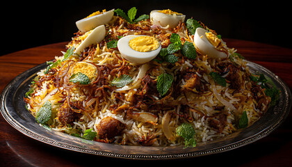 A lavish platter of biryani crowned with eggs, mint, and crispy onions radiates festive south Asian flavor 