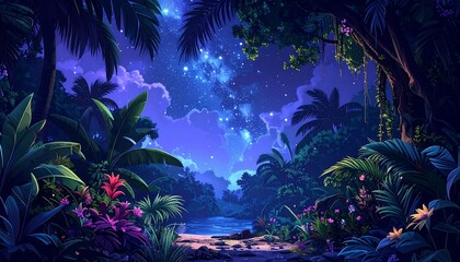 Lush, stylized nightscape of a tropical jungle. Moonlight illuminates the foliage and a celestial, starry sky