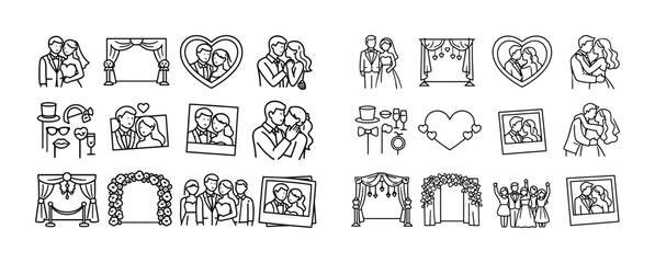 Fototapeta premium Romantic wedding line art icons set of couples and ceremonial decorations
