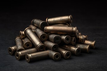 A heap of sooty spent cartridge cases against a dark backdrop. Ideal for articles on warfare, violence, or gun regulation.