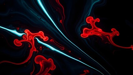 Abstract dark composition with glowing red fluid forms and luminous blue streaks flowing through black space, creating a dramatic futuristic and energetic visual contrast.