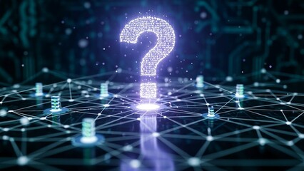 A glowing question mark made of tiny nodes and connections on a network, symbolizing uncertainty, inquiry, and problem solving in a digital or technological