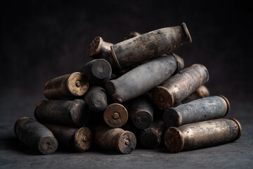 A heap of sooty spent cartridge cases against a dark backdrop. Ideal for articles on warfare, violence, or gun regulation.