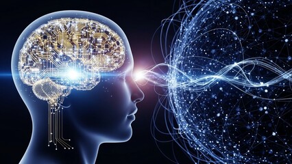 Human head with circuit board brain and glowing connections to digital network representing artificial intelligence and data transfer