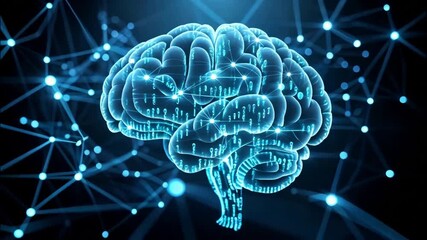 Abstract Digital Brain Network with Glowing Connections and Binary Code Representing Artificial Intelligence and Neural Pathways - Powered by Adobe