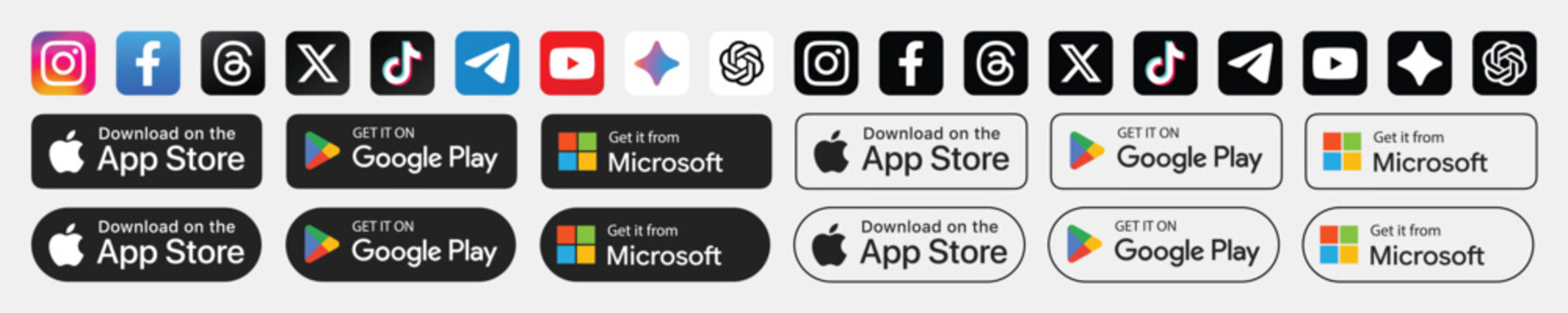 Vector illustration of popular social media logos and app store download buttons