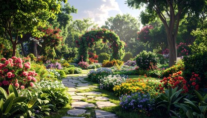 Lush, sunny garden path leads under a floral arch, surrounded by colorful blossoms and greenery. Sunlight filters through the trees