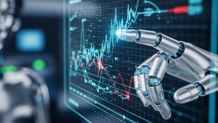 Futuristic robotic hand interacting with glowing digital graph on futuristic interface screen with blurred technological background