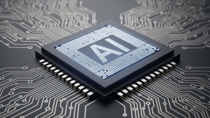 Close up of a computer chip with ai text on a circuit board background, representing artificial intelligence and technology with microchip