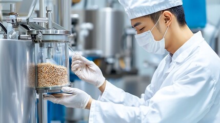 Asian Scientist Inspecting Pine Nuts in Pharmaceutical Manufacturing Facility.