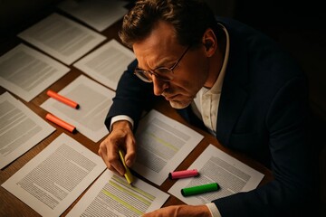 Businessman reviewing printed documents and highlighting text at desk, contract analysis and compliance work.