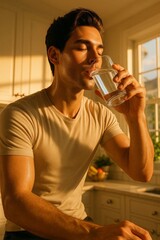 Fit young man drinking glass of water in bright kitchen, emphasizing daily hydration, wellness and healthy lifestyle at home.