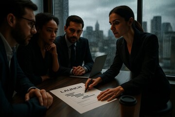 Business team discussing launch plan in dark boardroom during rainy day, analyzing charts and coordinating strategy.