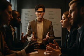 Young businessman mediating intense discussion between colleagues, facilitating decision-making and conflict resolution in corporate meeting.