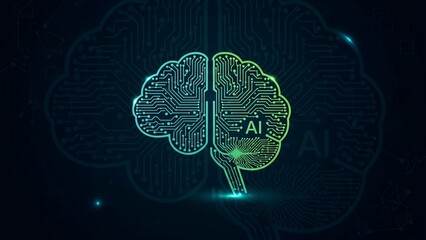 Artificial intelligence concept with glowing circuit board brain and ai text on dark background with neon lights with technology and innovation