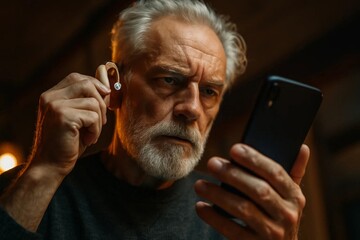 Senior man holding a hearing aid while checking a smartphone, concept of hearing support technology and accessibility at home.