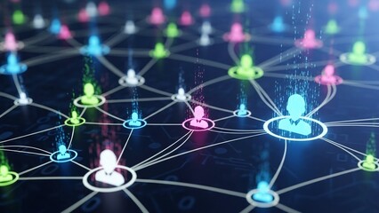 Network of people icons connected by lines on a dark background representing communication technology and social connections with community