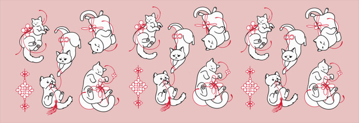 Obraz premium Vector Template Chinesee cat character fabric motifs pattern design with flat design