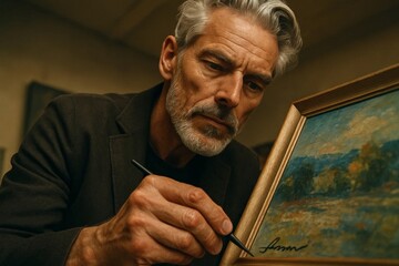 Focused senior artist painting framed landscape indoors, creative work and fine art restoration concept.