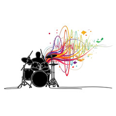 A silhouette of a drummer playing a drum set with colorful sound waves emanating from the drums.