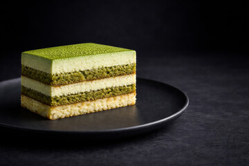 黒いプレートに置いた抹茶ティラミスの美しい断面